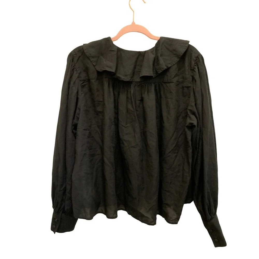 J.Crew Women S Black Ruffle Collar Pintuck Cotton Victorian Dark Academia Top